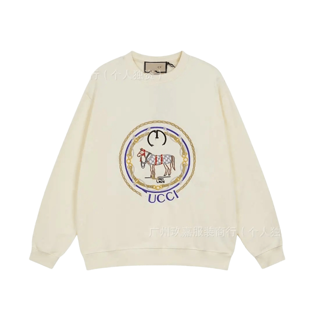 Gucci Beige Hoodie: Cotton Unisex Sweatshirt with Horse Motif