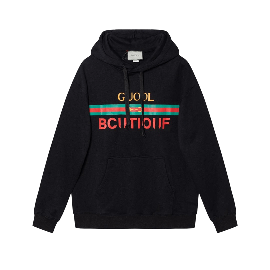 Gucci Black Cotton Hoodie: Iconic Stripes & Logo