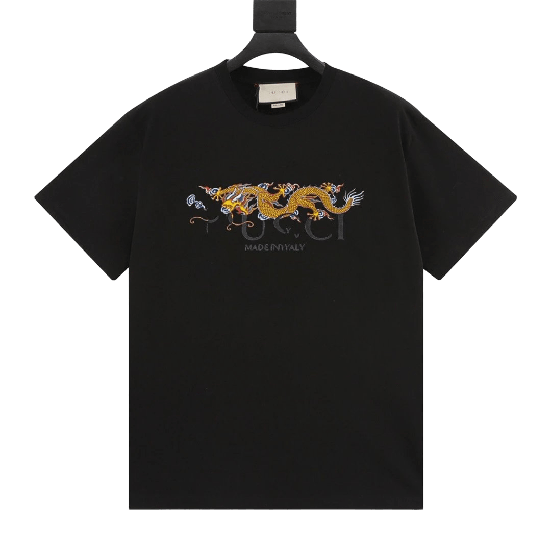 Gucci Black Cotton T-Shirt: Embroidered Dragon & Vintage Logo