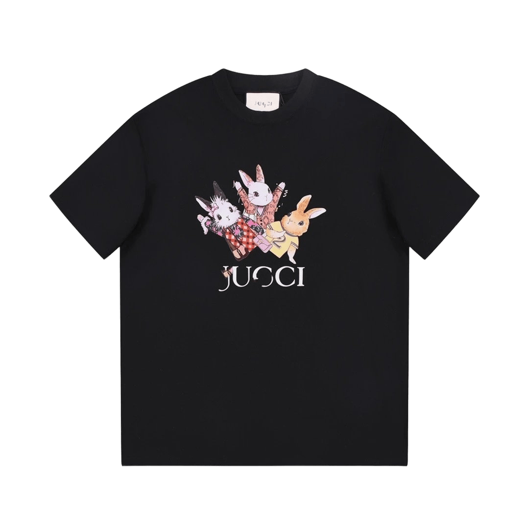 Gucci Black Cotton T-Shirt: Rabbit Graphic Unisex Casual Tee
