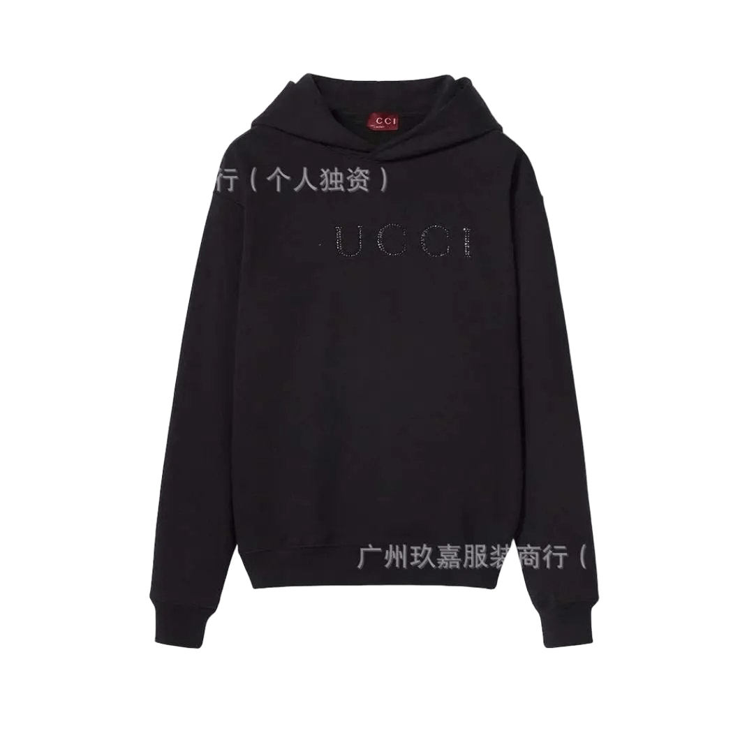 Gucci Black Hoodie w/ Crystal Logo, Unisex, Warm Cotton