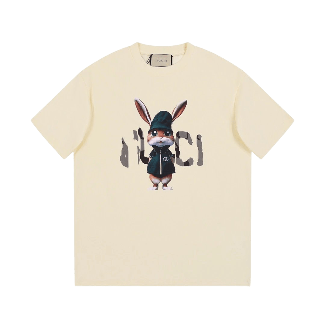 Gucci Cotton T-Shirt: Cartoon Rabbit Print, Beige