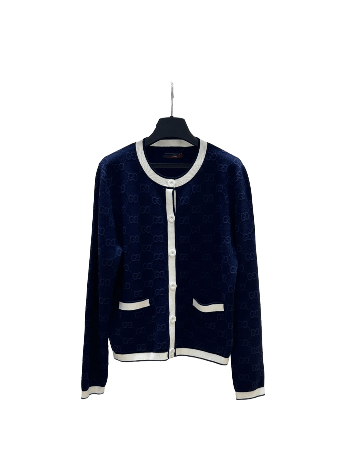 Gucci GG Navy Knit Cardigan: Unisex, Warm, White Trim