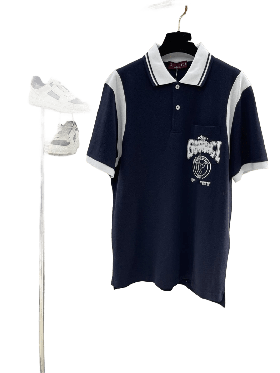 Gucci Navy Cotton Polo Shirt: Unisex, Emblem, Contrast Trim