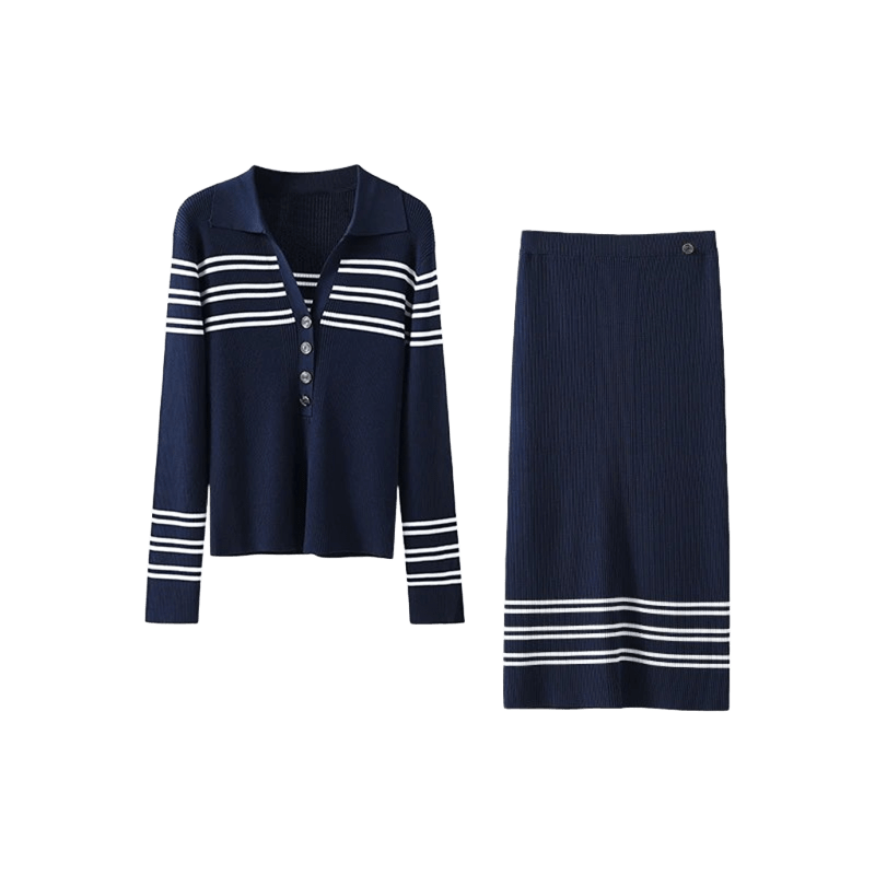 Gucci Navy Knit Set: Retro Striped Top & Skirt