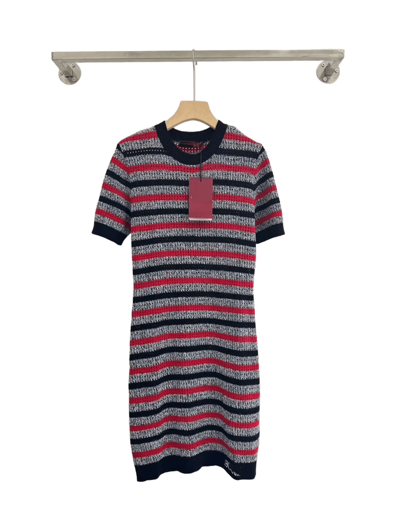 Gucci Red Black Gray Striped Knit Dress, Round Neck