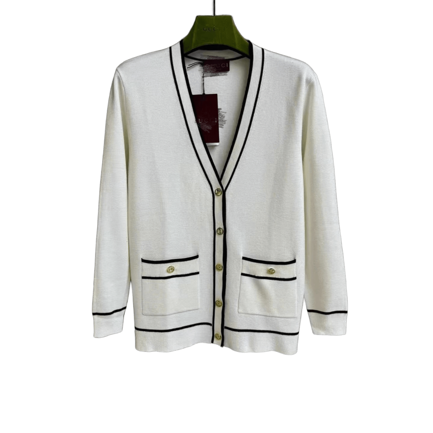 Gucci White V-Neck Knit Cardigan | Black Trim