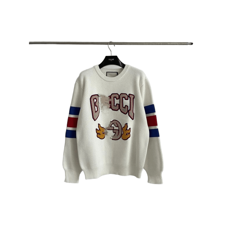 Gucci White Wool Sweater: Iconic Logo, Red-Blue Stripes