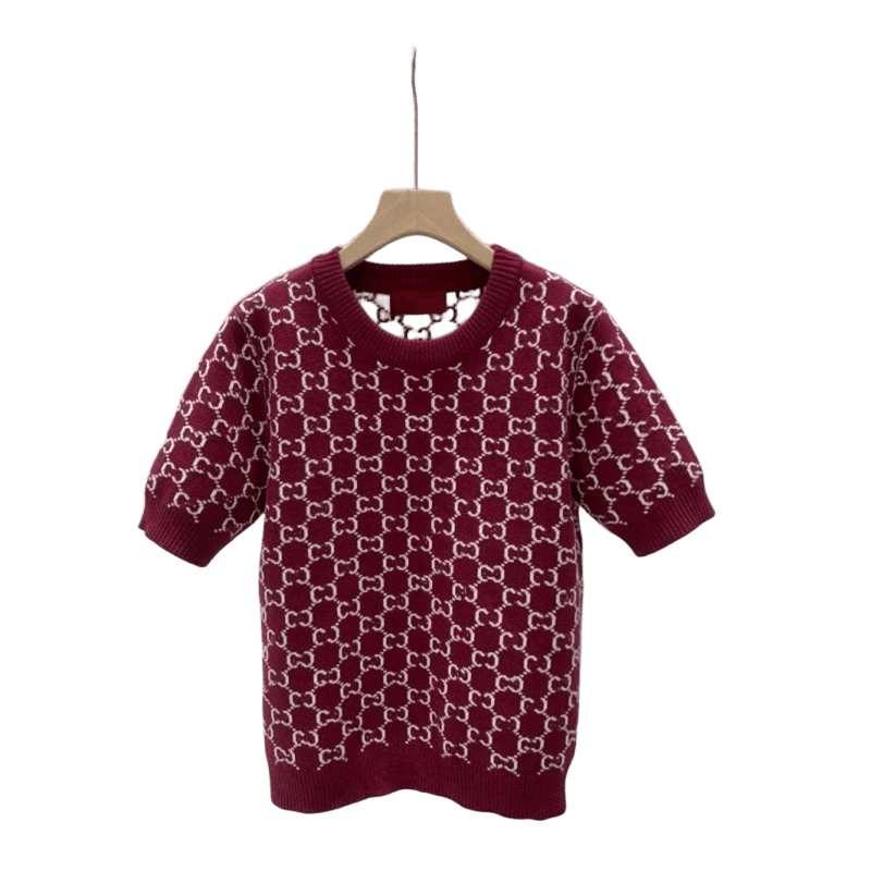 Gucci Wine Red GG Wool Knit Short Sleeve Top - Unisex