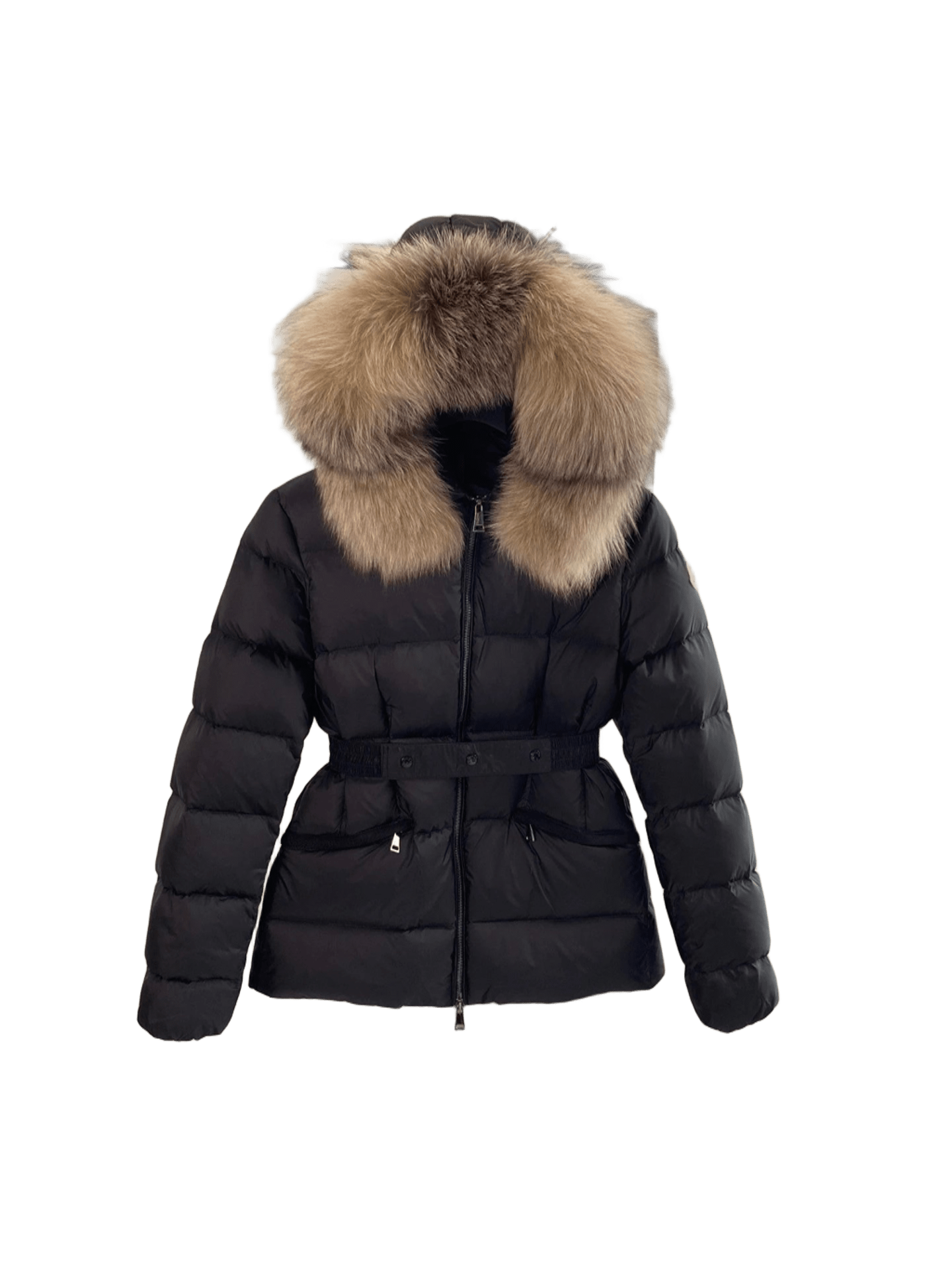Gucci Women's Black Down Jacket: Fur Hood, Belted Waist