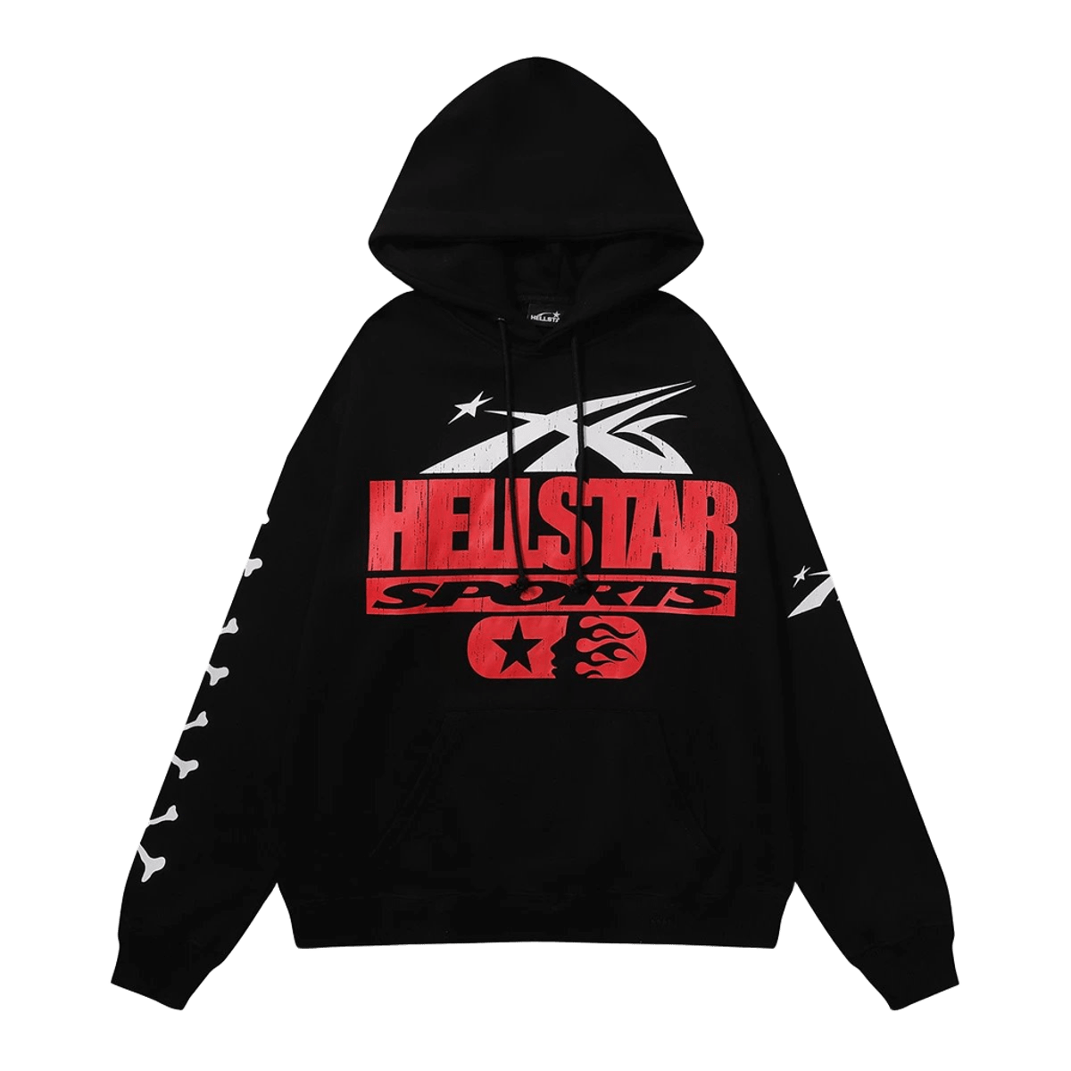 Hellstar Black Hoodie: Cotton, Red Logo & Bone Print Streetwear