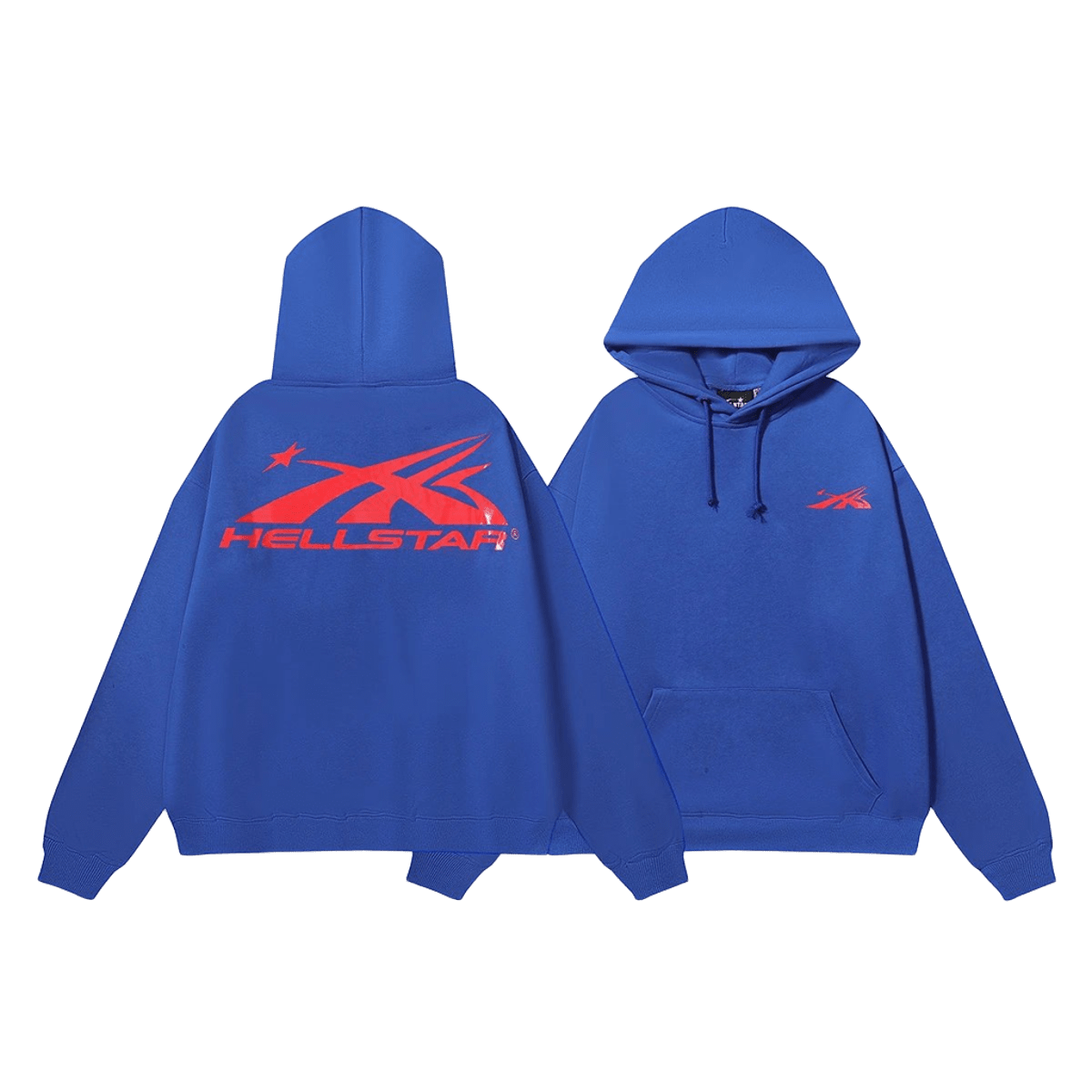 Hellstar Blue Fleece Hoodie: Unisex Streetwear, Red Logo