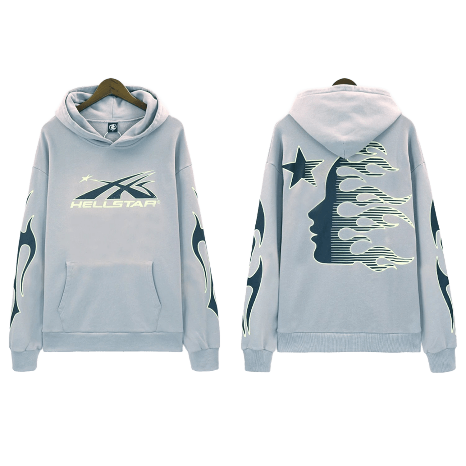 Hellstar Grey Hoodie: Unisex Cotton Streetwear w/ Flame Print