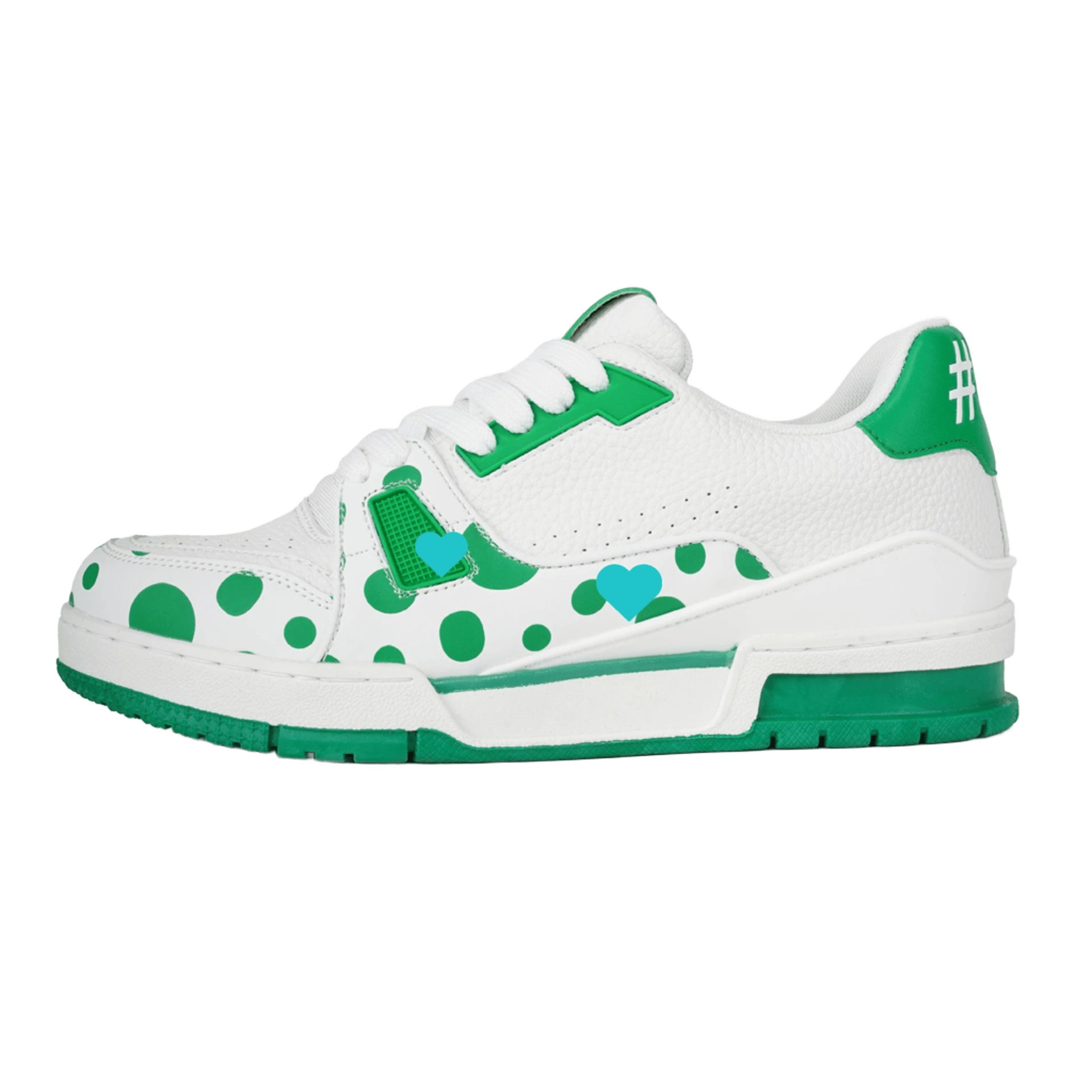 Louis Vuitton White Green Leather Sneakers, Dots & Heart
