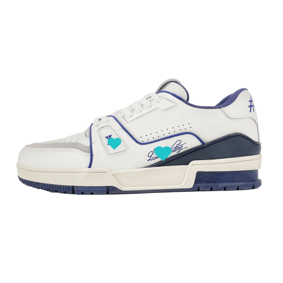Louis Vuitton White Leather Heart Sneakers, Blue Trim