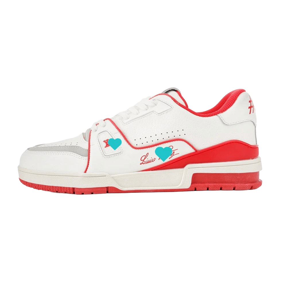 Louis Vuitton White Red Leather Sneakers, Unisex Street Style