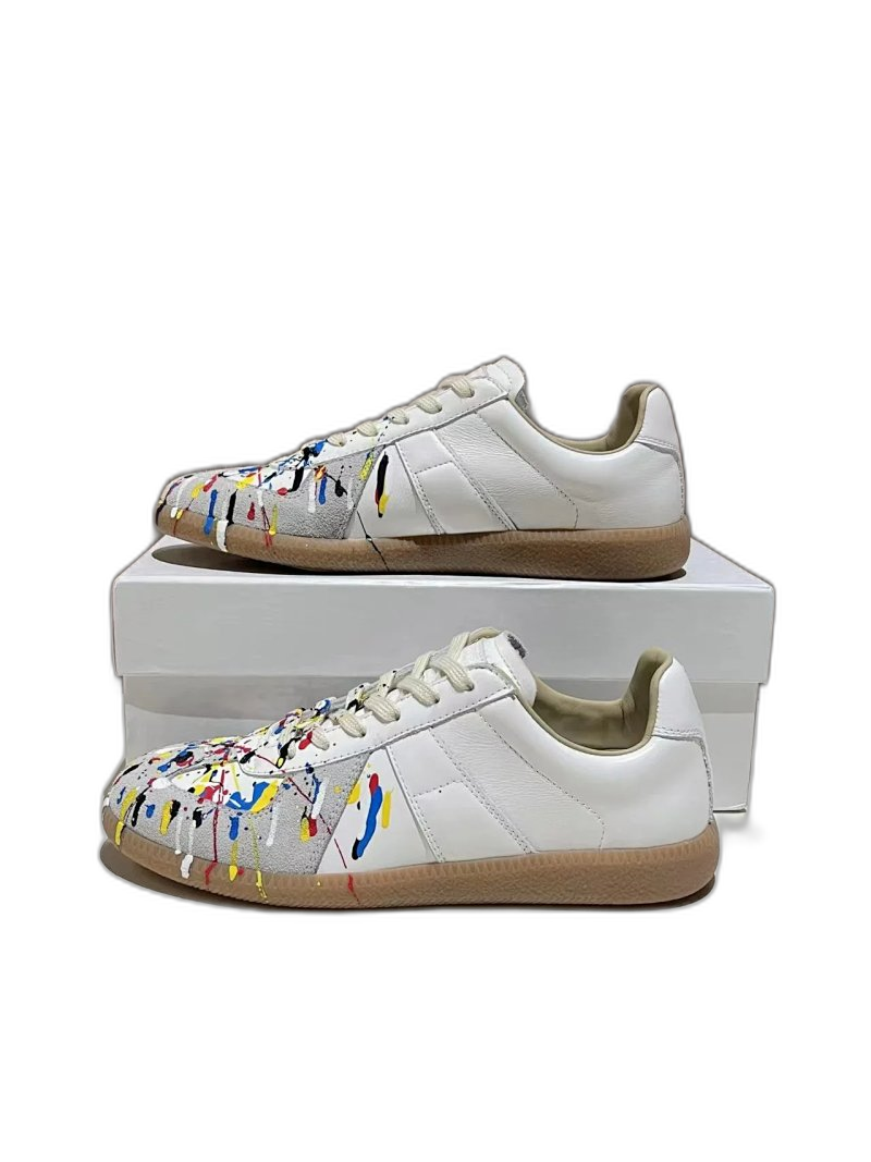 Maison Margiela Paint-Splatter Leather Sneakers Grey White
