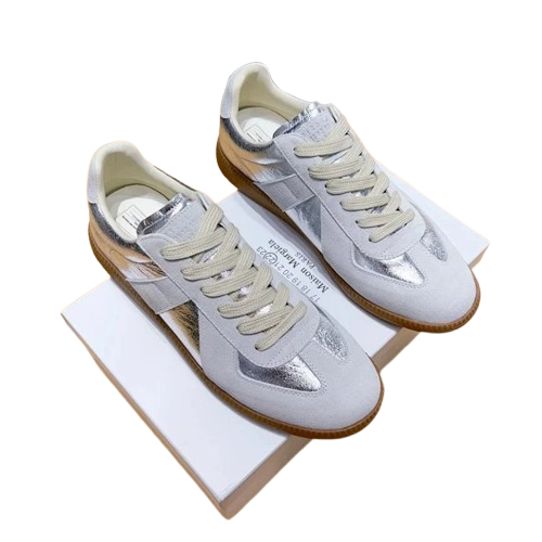 Maison Margiela Silver Grey Suede Sneakers w/ Metallic Strap