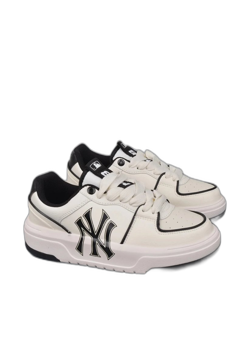 MLB Beige Leather Sneakers: Unisex Classic NY Logo Streetwear