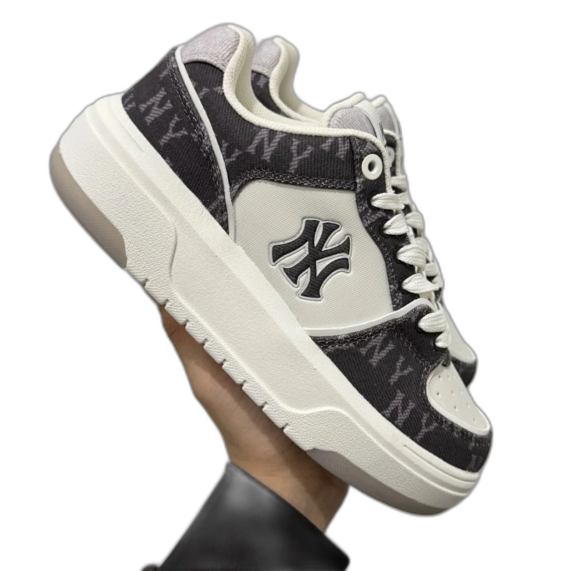 MLB Grey/White Fabric Sneakers: NY Emblem, Unisex Street Style