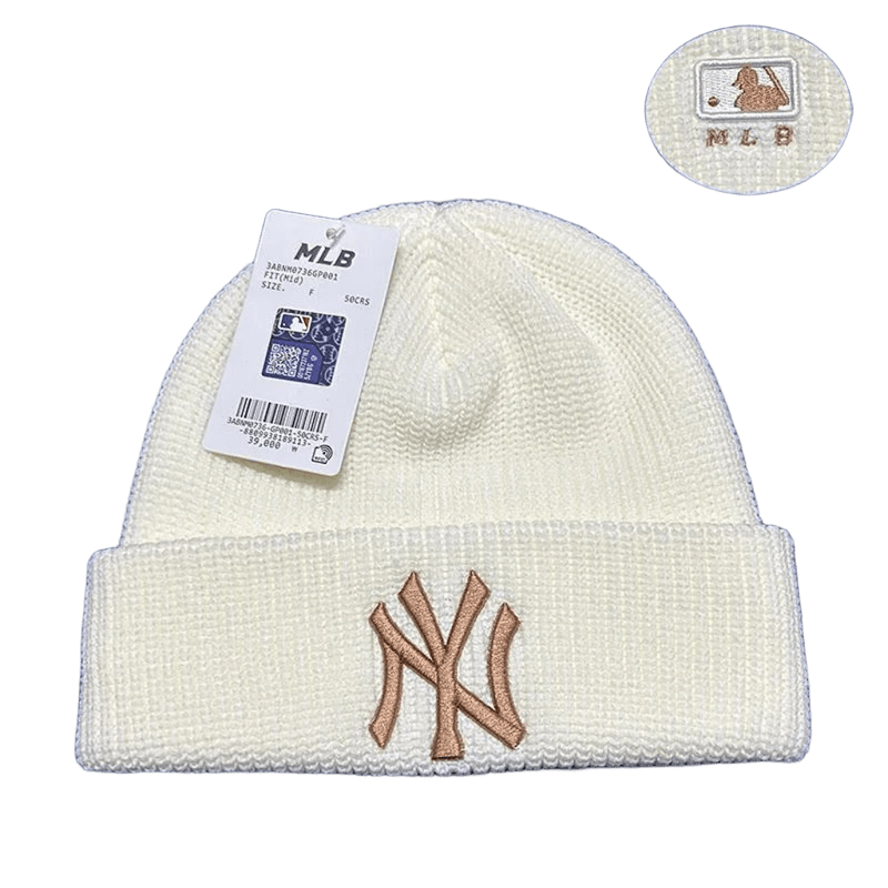 MLB NY Embroidered White Beanie: Unisex Winter Knit Cap