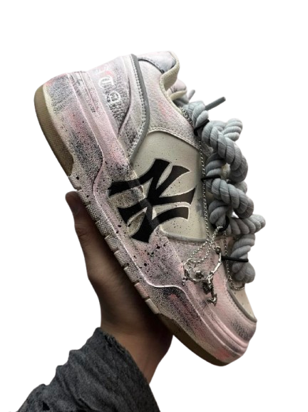 MLB Pastel Pink Leather Sneakers with Chain, Unisex