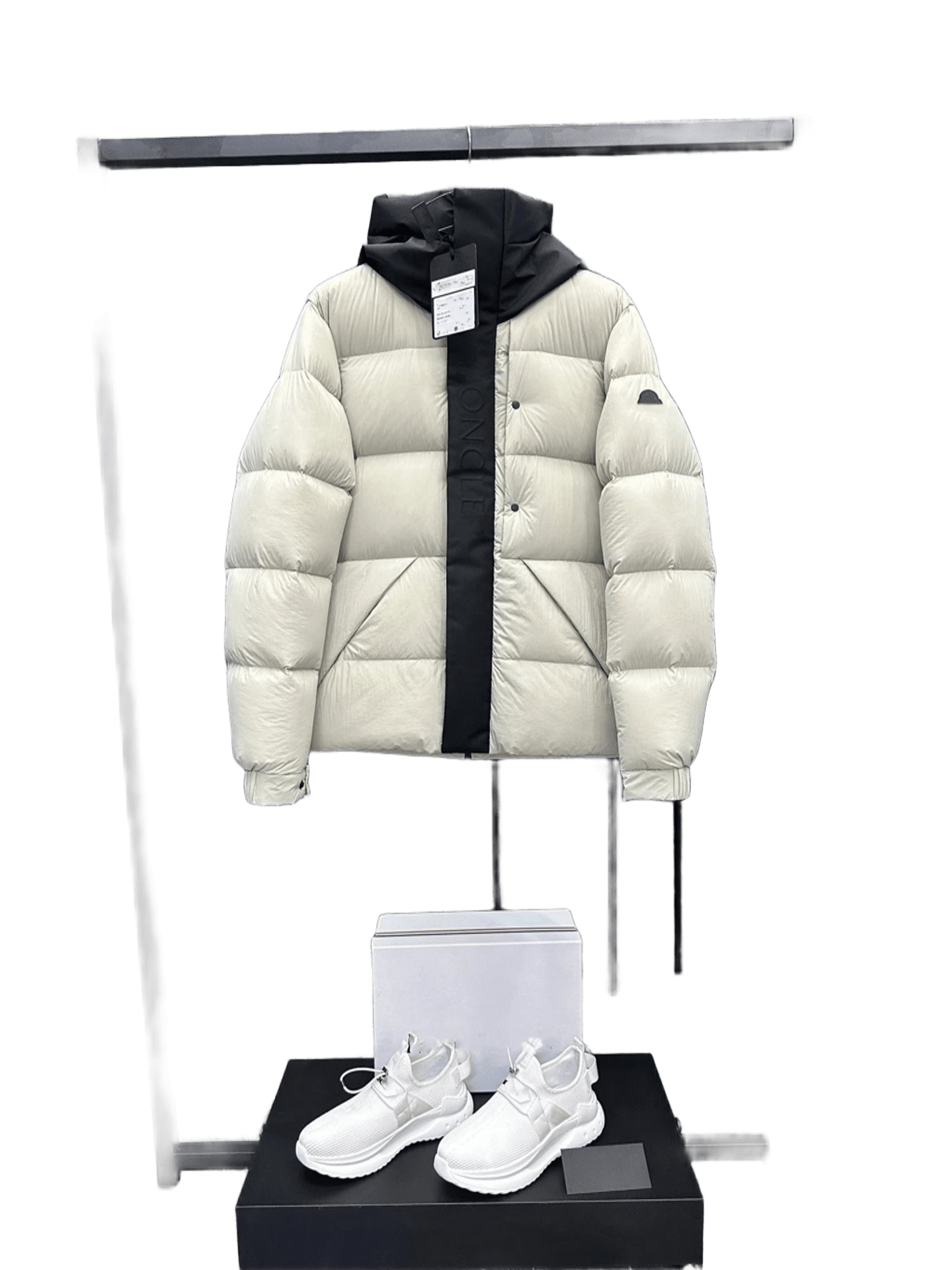 Moncler Beige Down Jacket: Warm Hooded Unisex Urban Coat