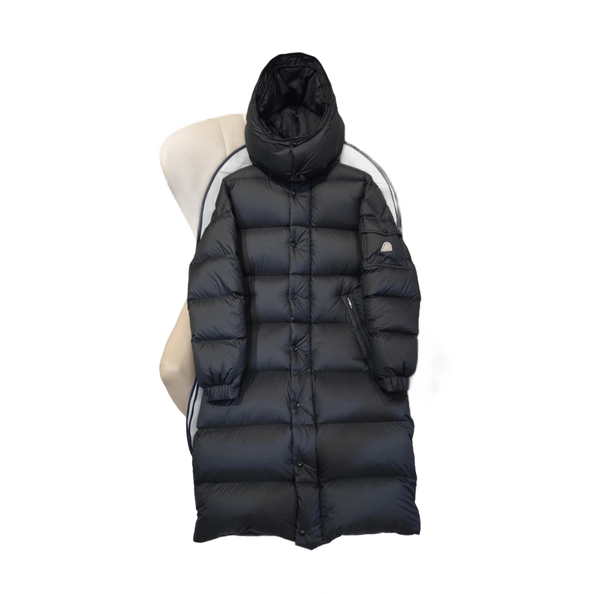 Moncler Black Long Down Coat: Warm Quilted Hooded Puffer Jacket