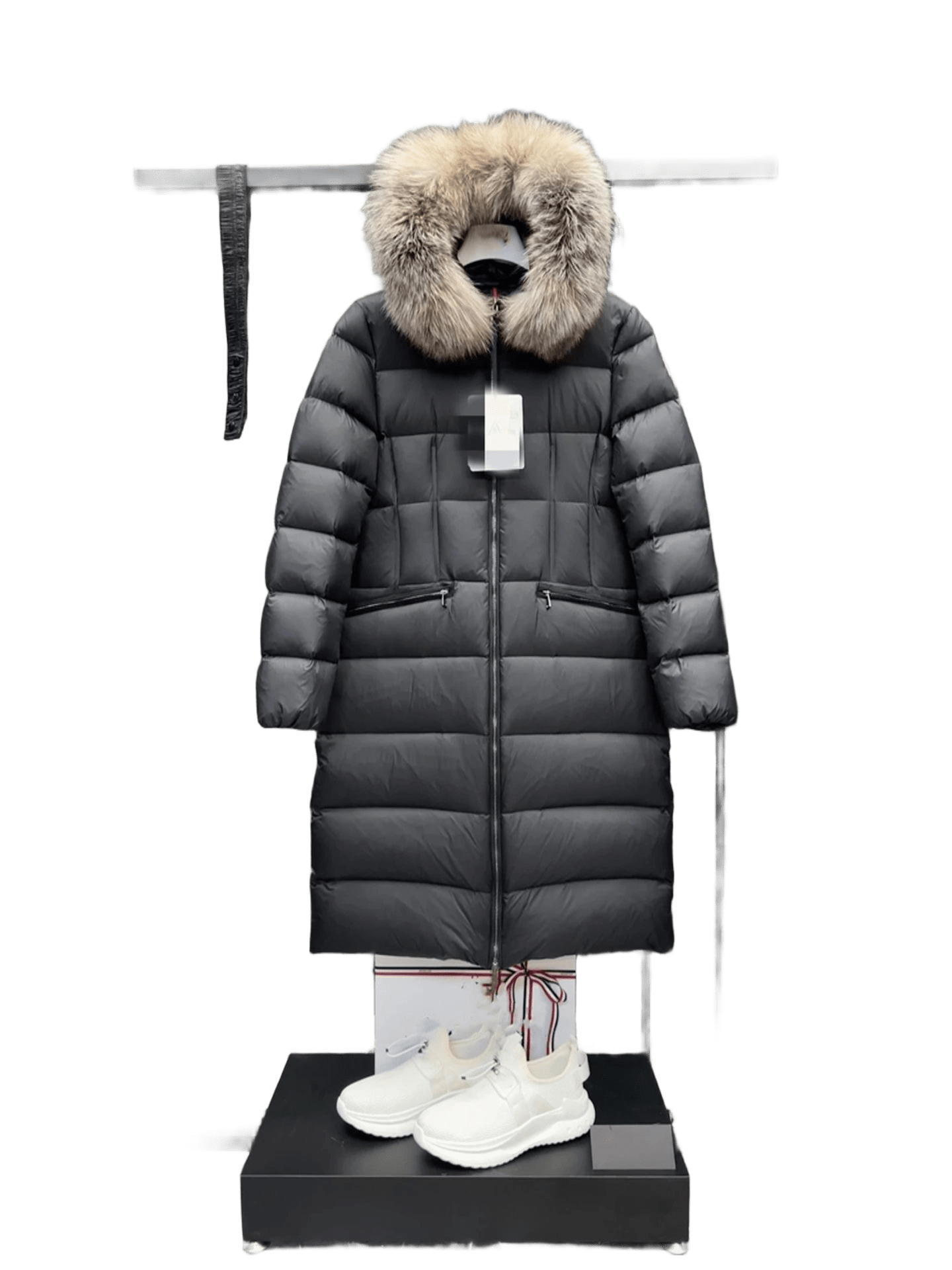 Moncler Black Long Down Jacket, Fur Hood Unisex Urban Winter Coat