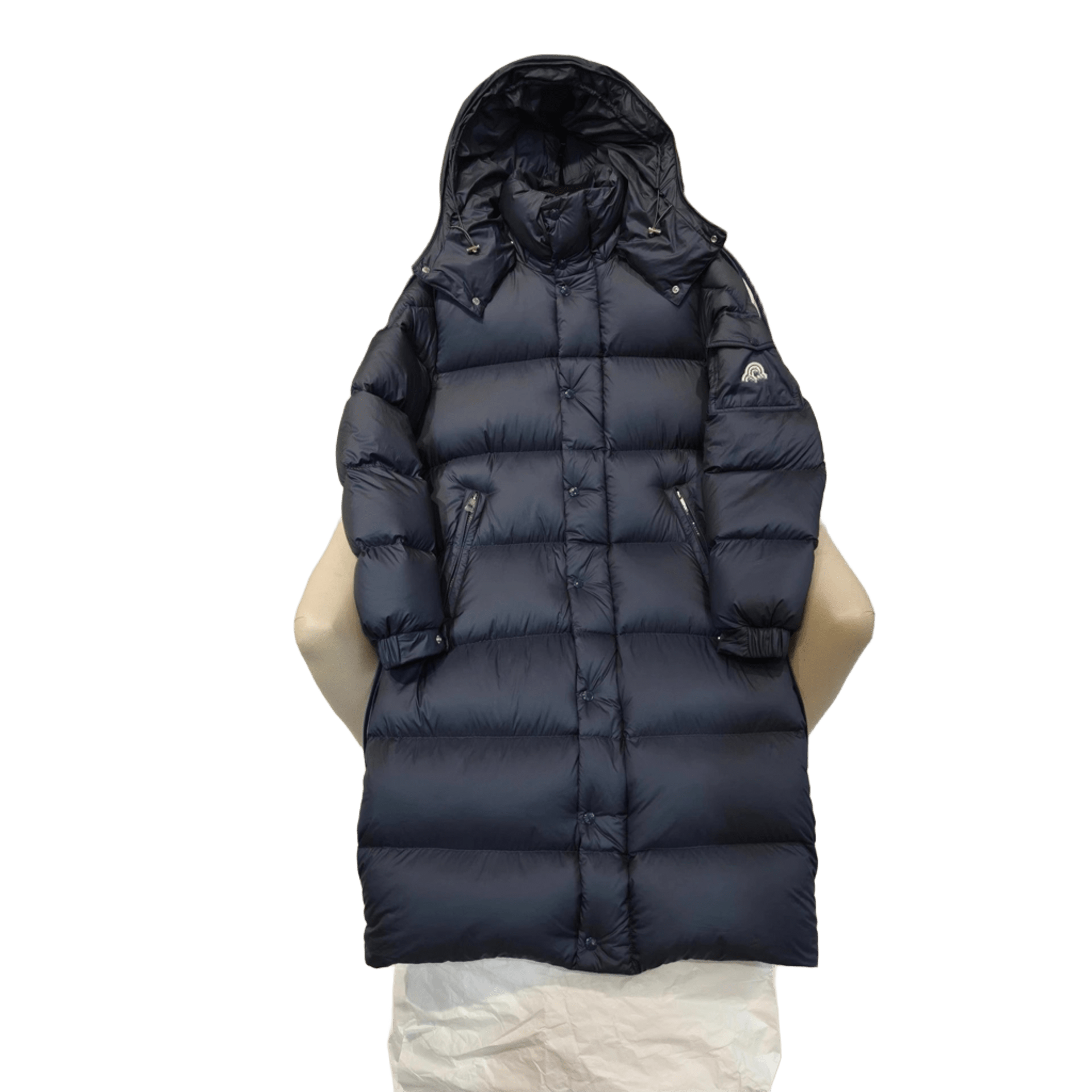 Moncler Navy Long Down Jacket: Hooded Winter Coat, Unisex