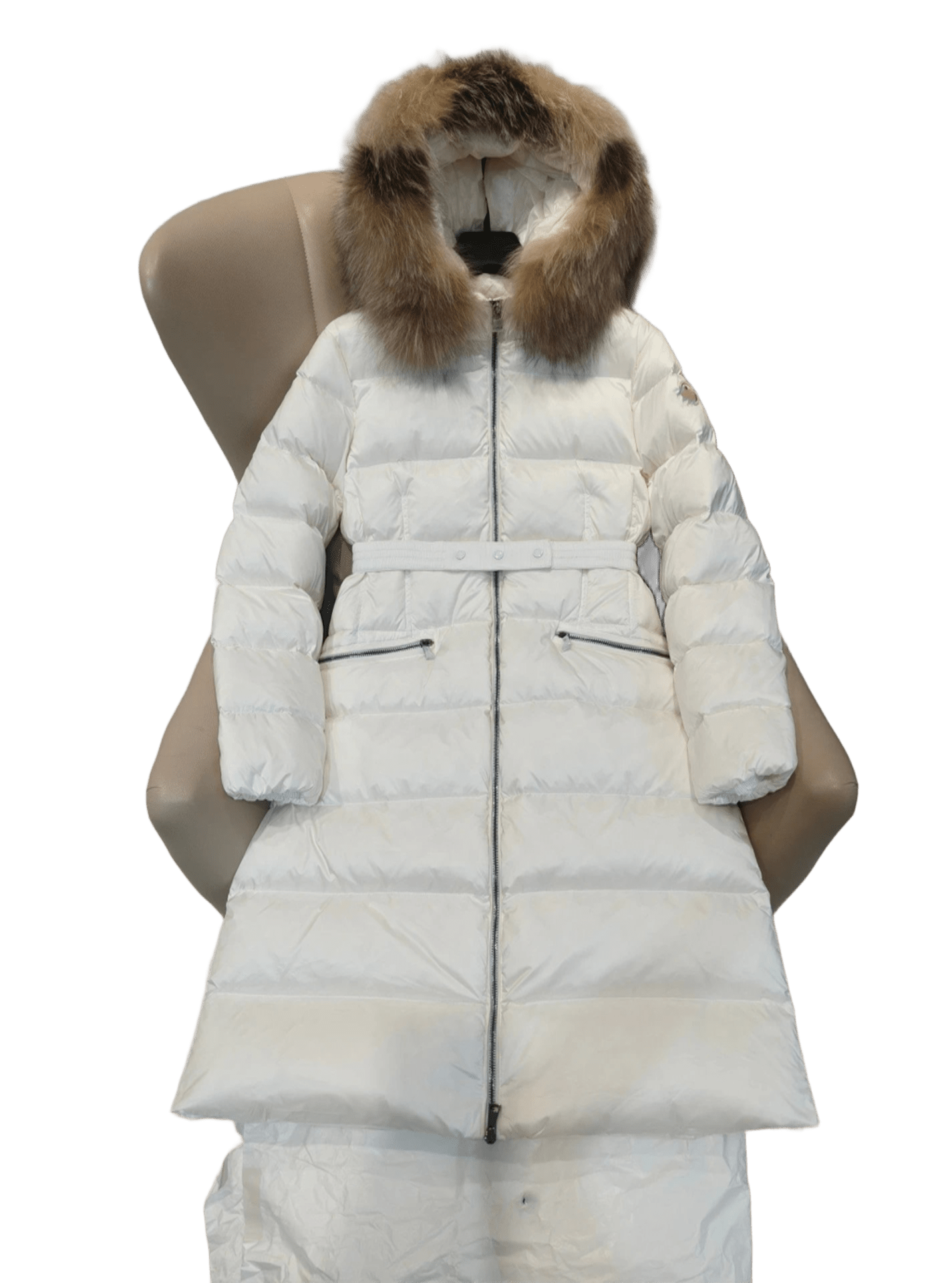 Moncler White Long Down Coat for Women: Warm, Elegant, Belted