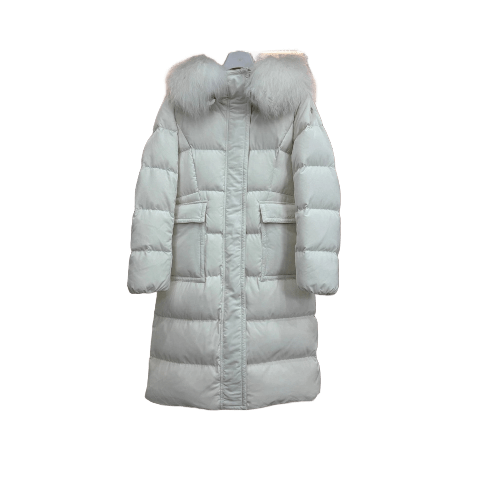 Moncler White Long Down Jacket: Quilted Fur Hood Coat