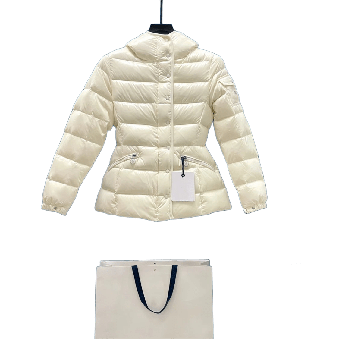 Moncler Women's Beige Down Jacket: Slim Fit, Stand Collar