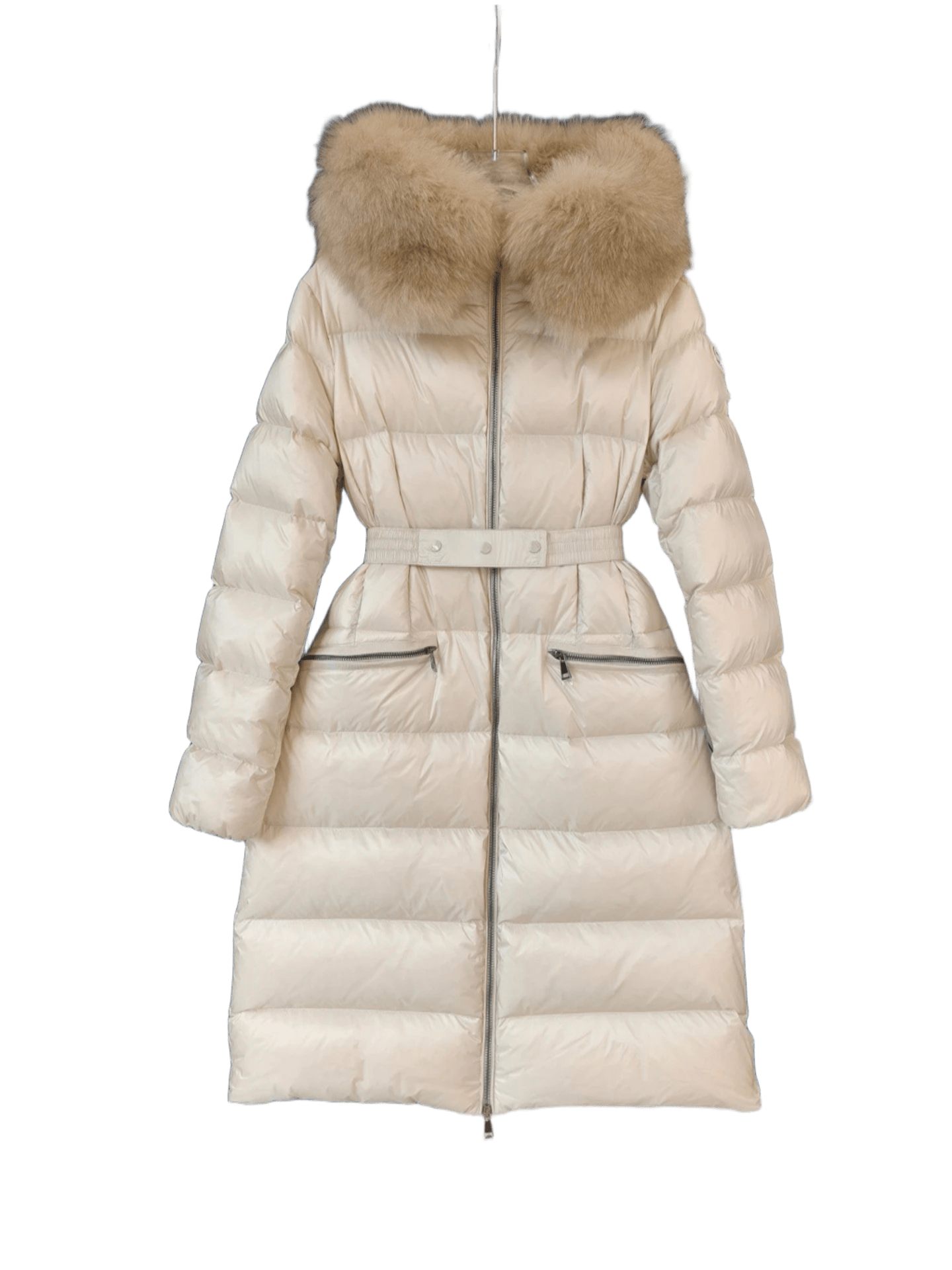 Moncler Women's Beige Long Down Coat with Belt & Fur Collar