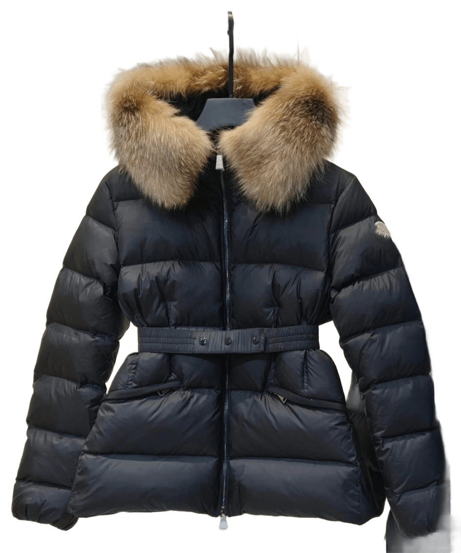Moncler Women's Black Belted Down Jacket with Fur Collar