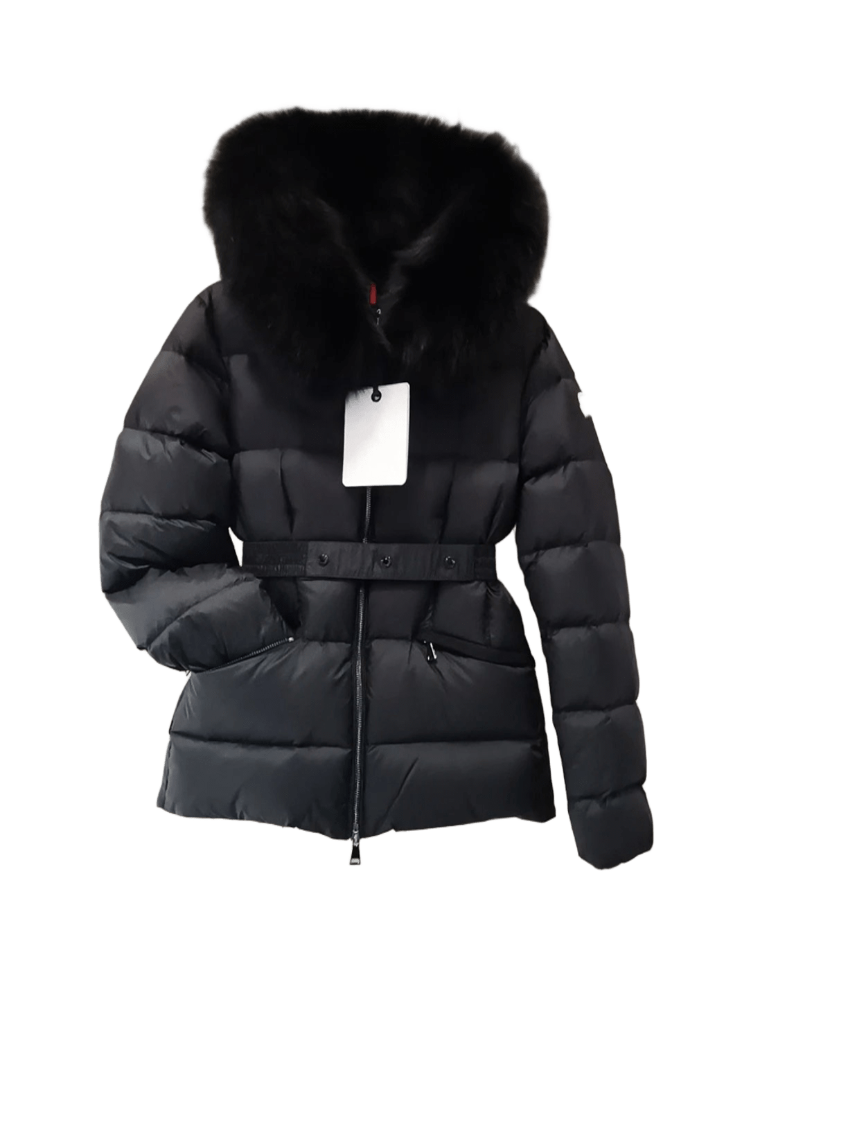 Moncler Women's Black Down Jacket: Hooded, Belted, Winter Warmth