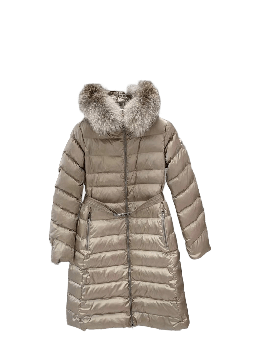 Moncler Women's Khaki Long Down Jacket: Warm, Belted, Fur Hood