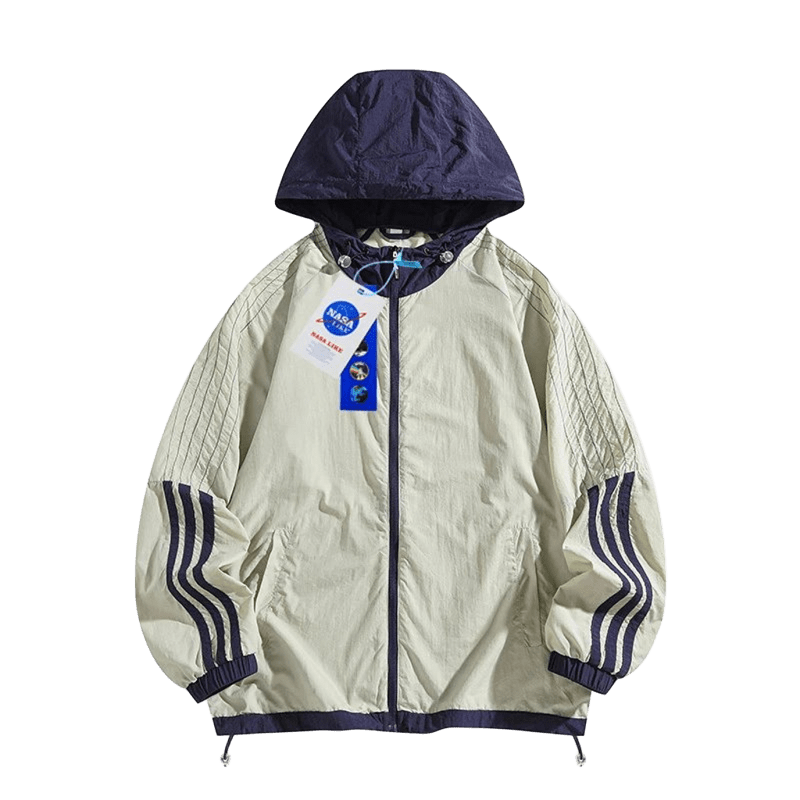 NASALIKE Beige & Navy Windproof Hooded Jacket, Streetwear