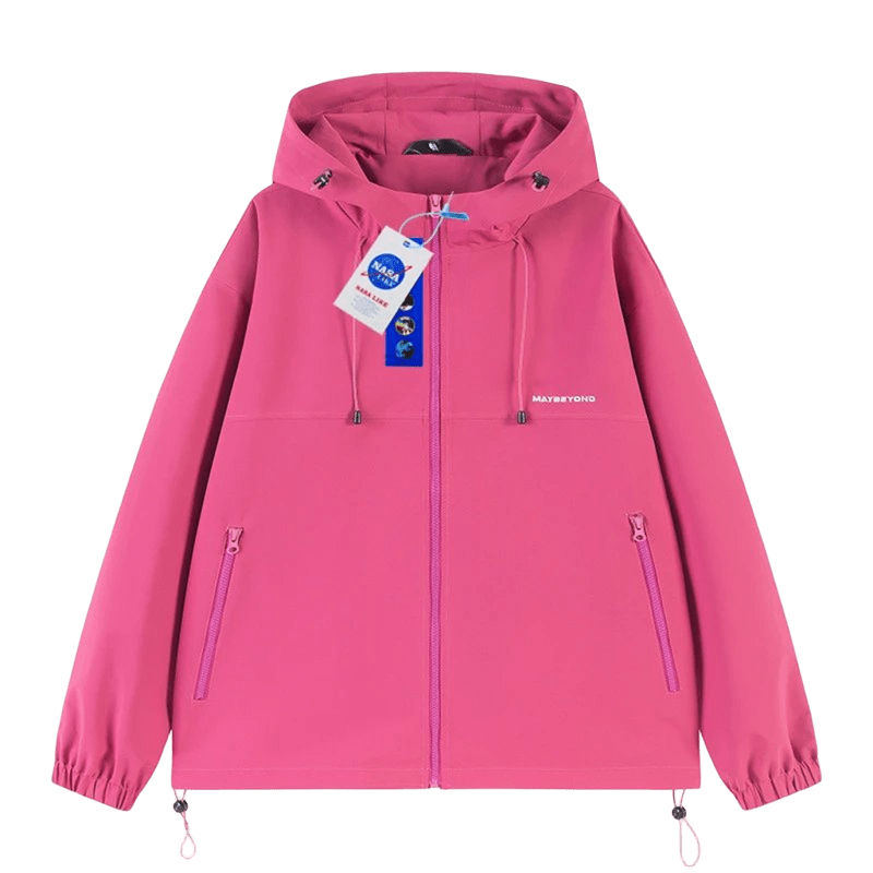 NASALIKE Pink Windproof Hooded Jacket, Unisex Outdoor Coat