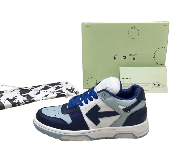 Off White Arrow Logo Leather Sneakers: Blue & White
