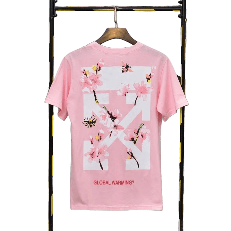 Off White Pink Cotton T-Shirt: Arrow & Cherry Blossom Print