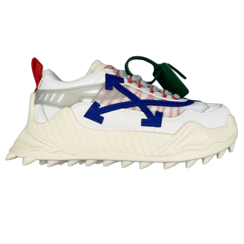 Off-White White Leather Sneakers w/ Blue Arrow & Spiked Sole