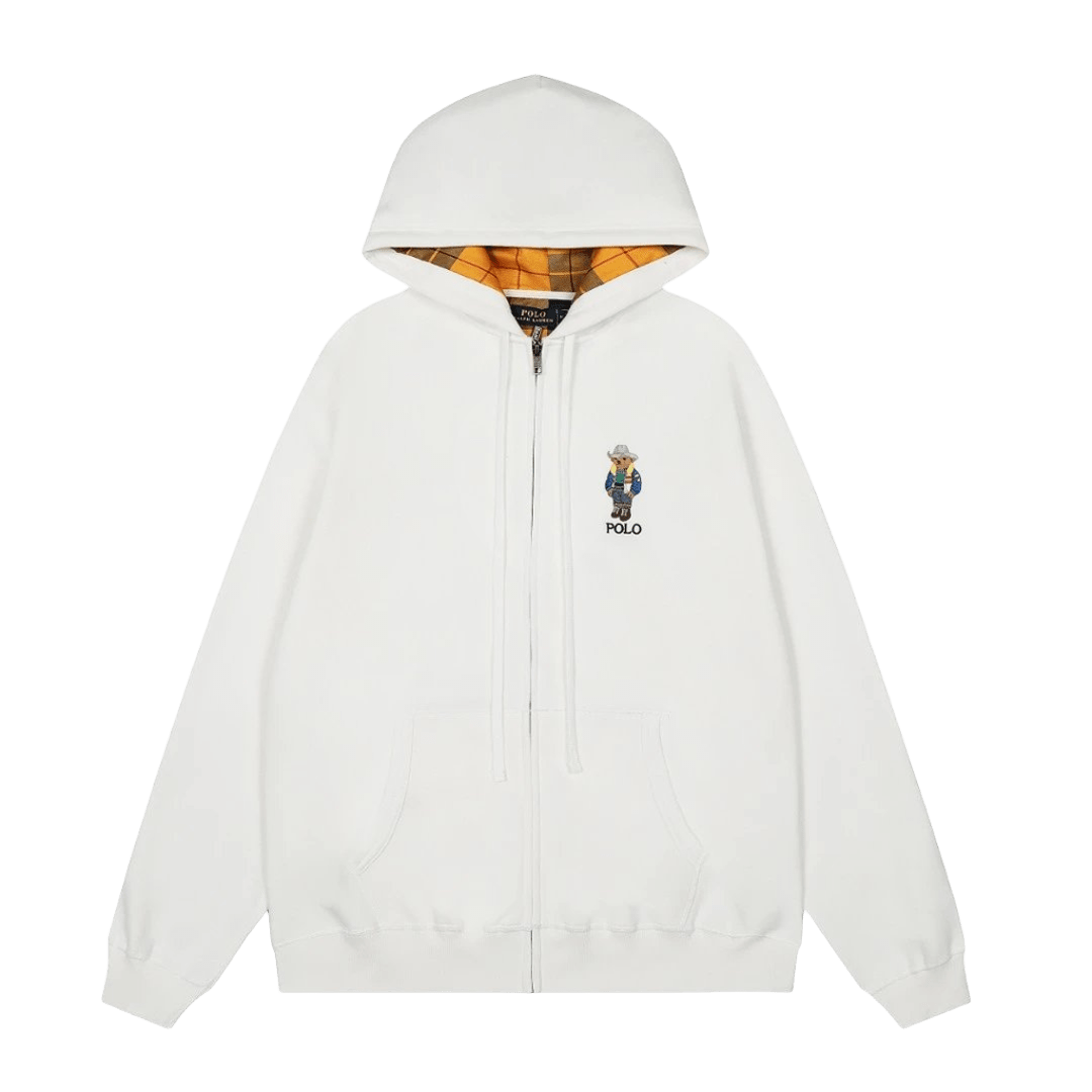 Polo Bear Fleece Hoodie: White, Embroidered Zip-Up, Unisex