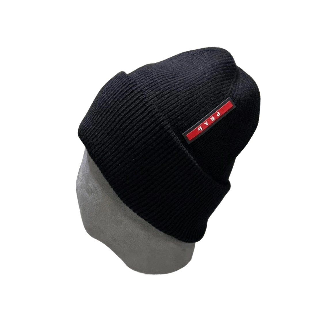 Prada Black Knit Beanie: Wool, Iconic Logo, Unisex