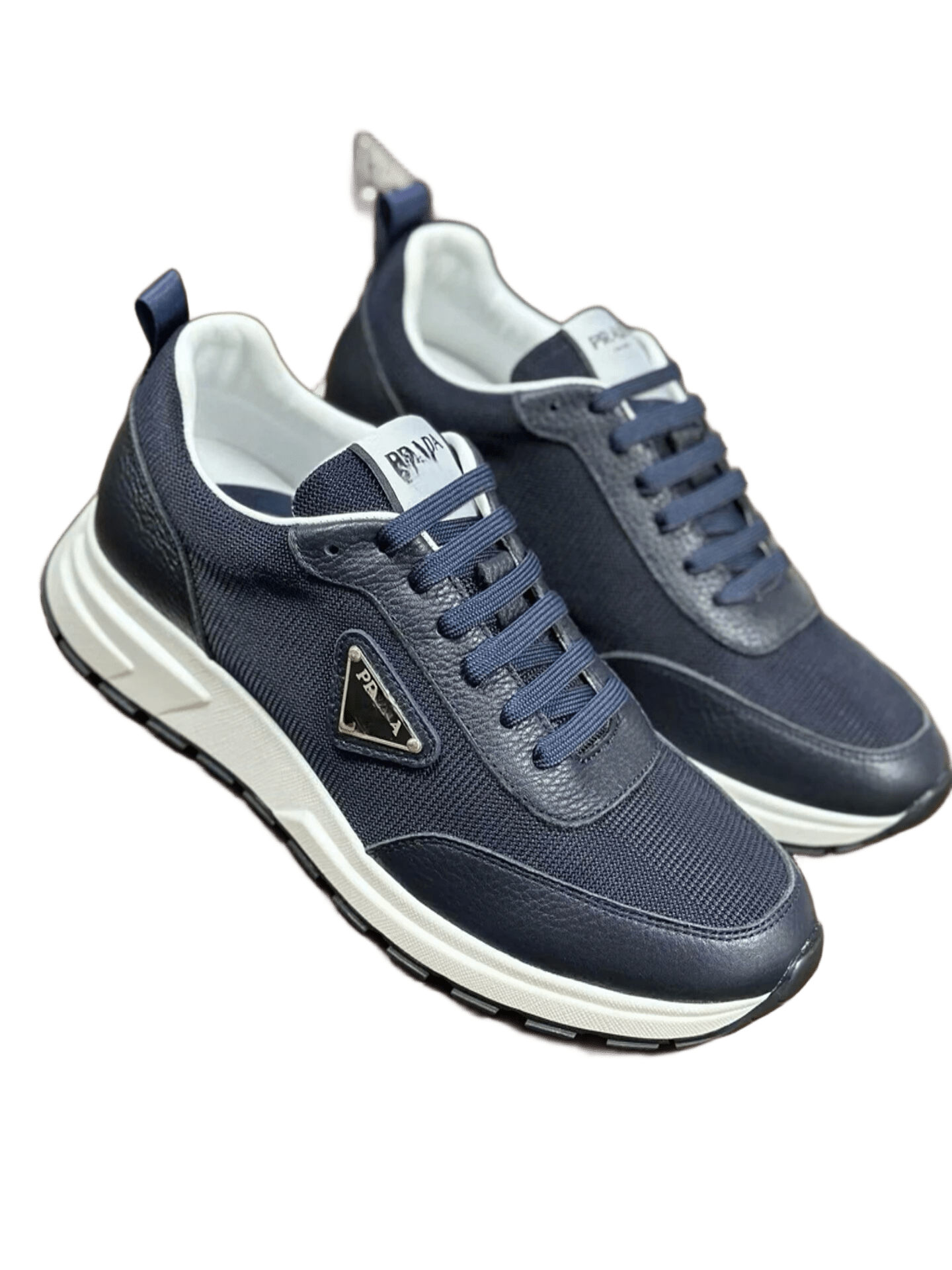 Prada Navy Leather Sneakers: Iconic Logo, Unisex Minimalist Style