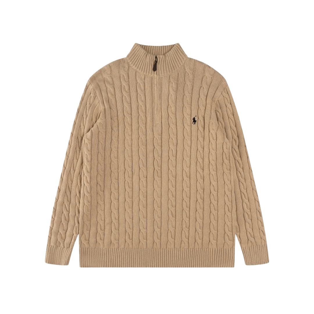 Ralph Lauren Beige Cable Knit Wool Blend Half-Zip Sweater