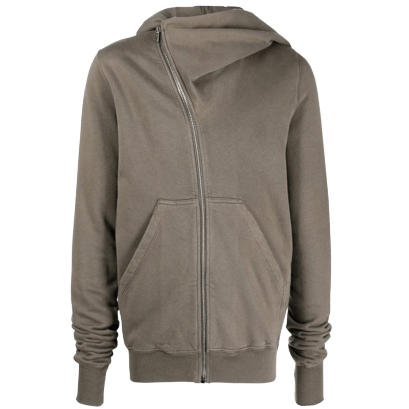 Rick Owens Khaki Hoodie: Asymmetric Zip Unisex Cotton