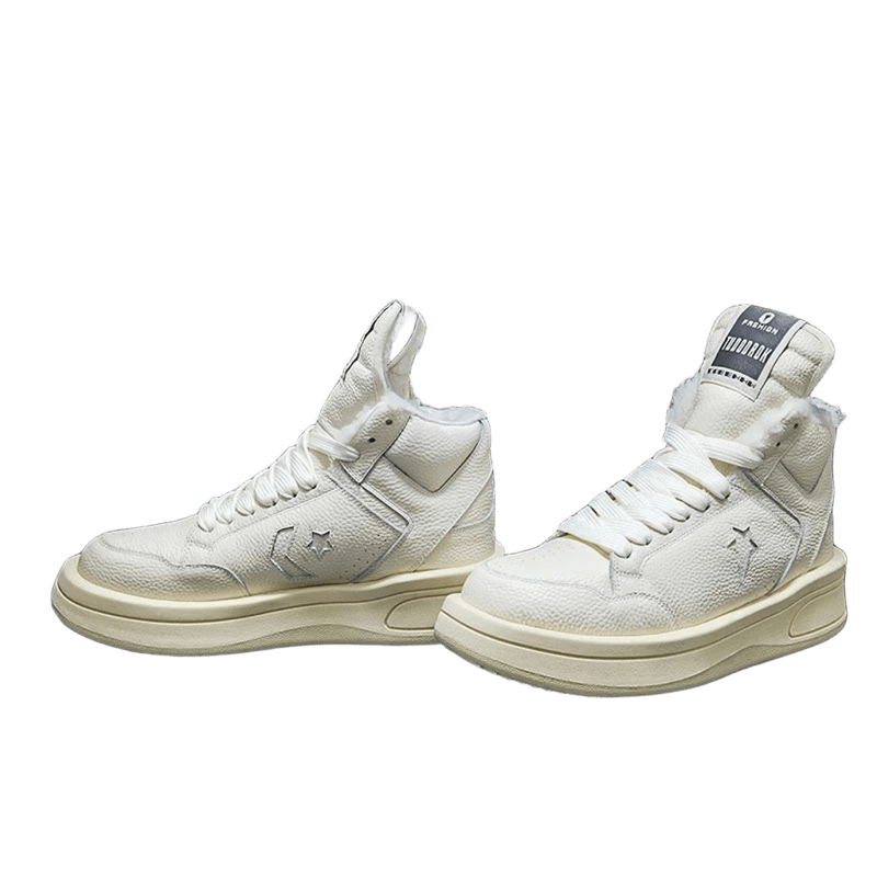 Rick Owens White High-Top Leather Sneakers, Unisex Avant-Garde