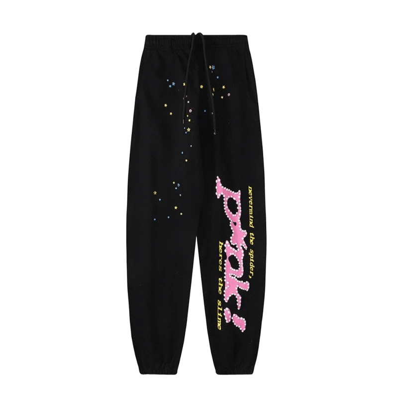 SP5DER Black Casual Pants with Stars, Streetwear Unisex Trousers