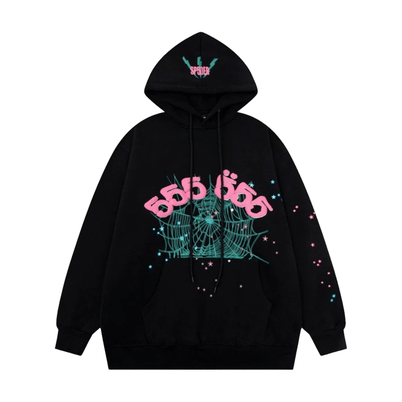 SP5DER Black Hoodie: Spiderweb Print, Cozy Unisex Streetwear